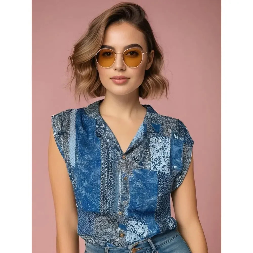 Bailey & Chloe Women's XL Blue Patchwork Short Sleeve Flowy‎ Button Up Blouse